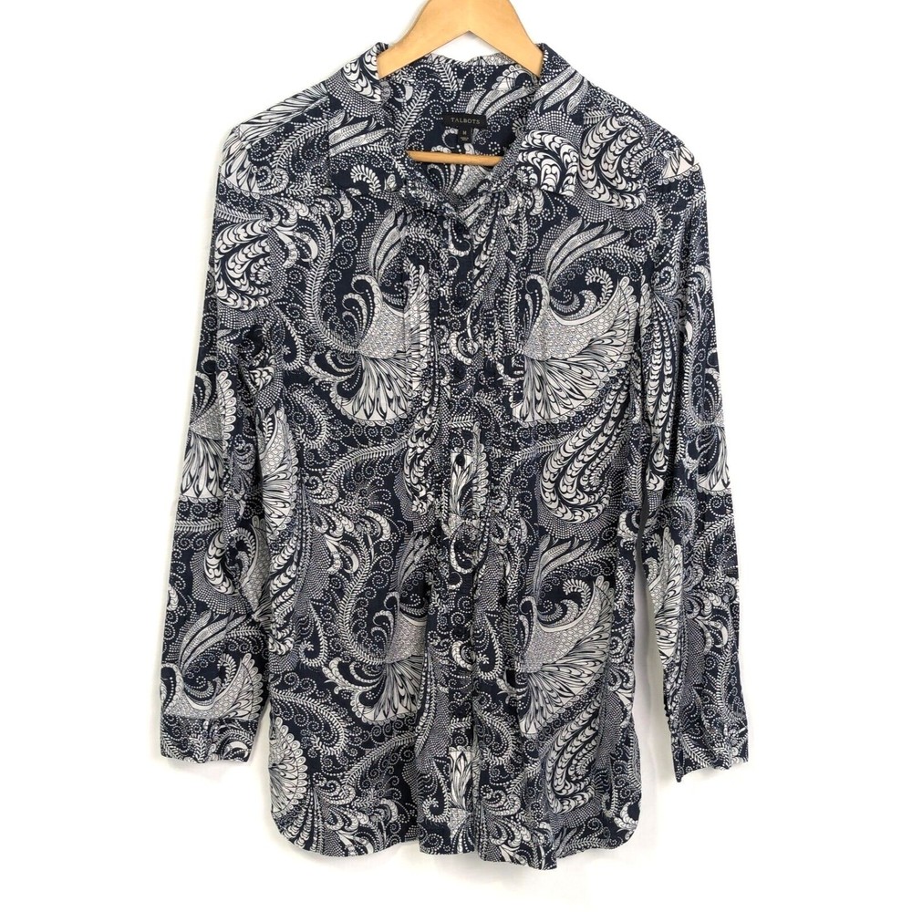 Talbots Womens Medium Navy Blue White Paisley Cotton Pleated Tunic Top Blouse